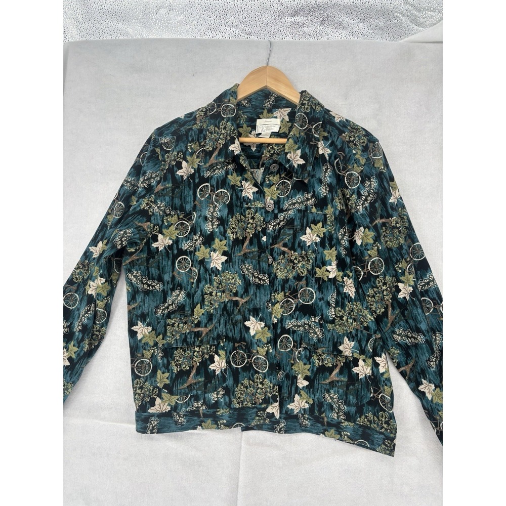Christopher & Banks Stretch Jacket Women XL L/SL Bicycle Leaf Print Button Teal